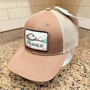 Drake Waterfowl Mesh Back Trucker Snapback Hat Cap Brown New Old School Patch